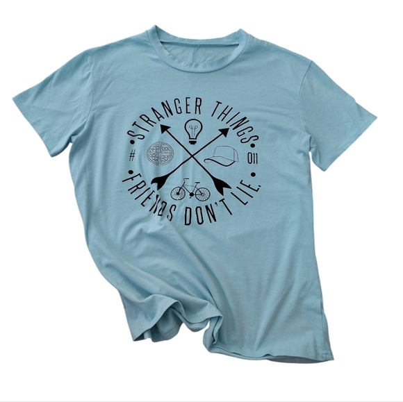 STRANGER THINGS Friends Don't Lie Graphic Vintage Tee Light Blue Medium - Picture 2 of 10